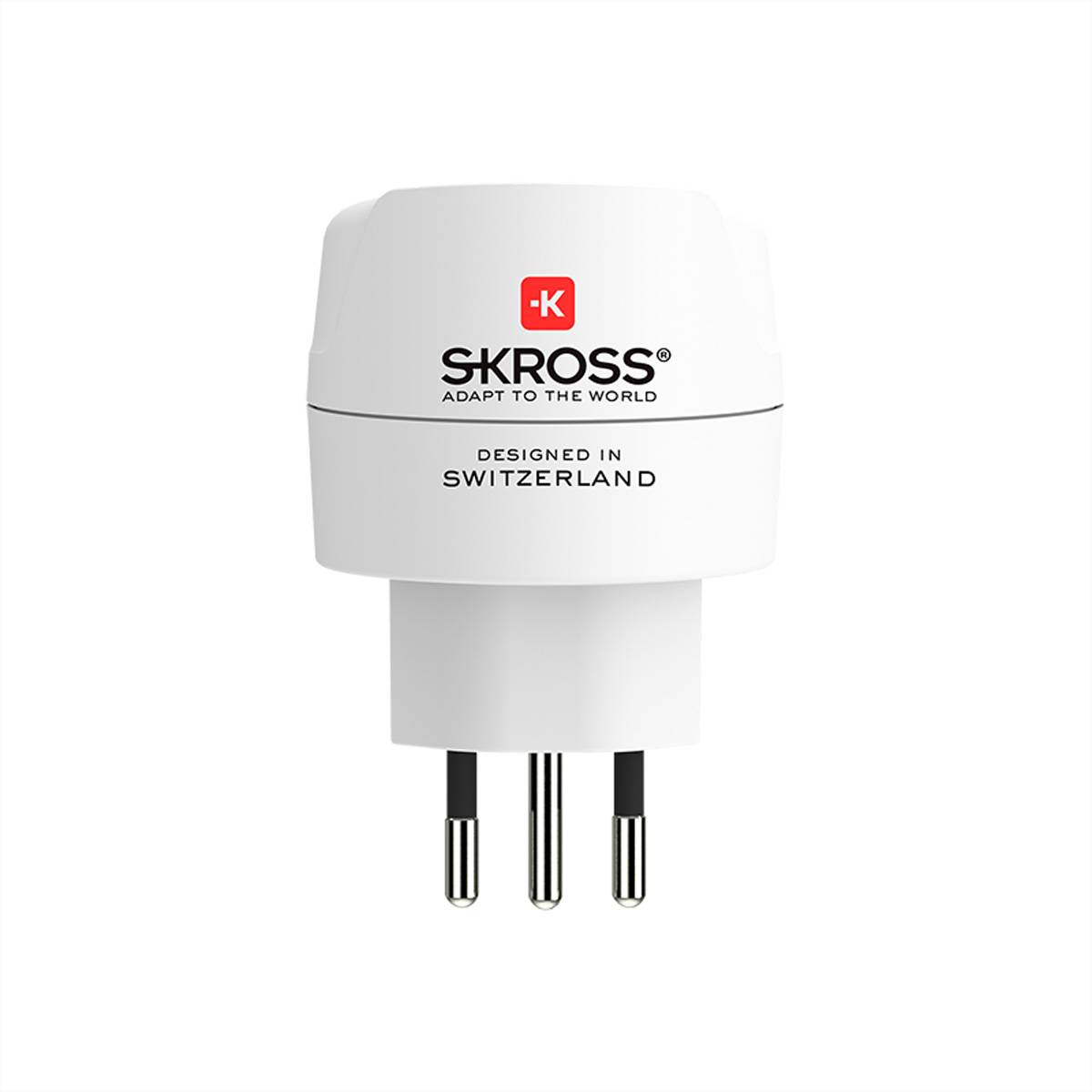Ein weißer SKROSS Reiseadapter mit der Aufschrift 