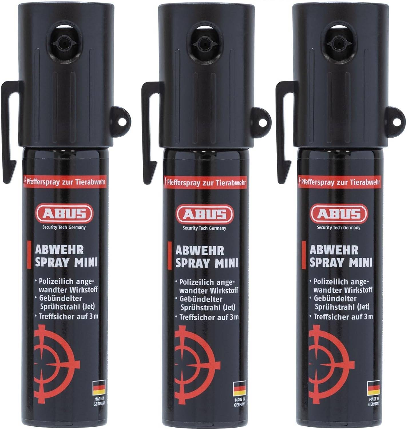 ABUS Abwehrspray SDS80 Mini zur Tierabwehr – Jet-Sprühstrahl für bis zu 3 m Reichweite – für Hand- und Jackentaschen - je 20 ml - 3er Set