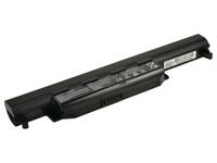 Schwarze Laptop-Batterie in einer Seitenansicht auf weißem Hintergrund.