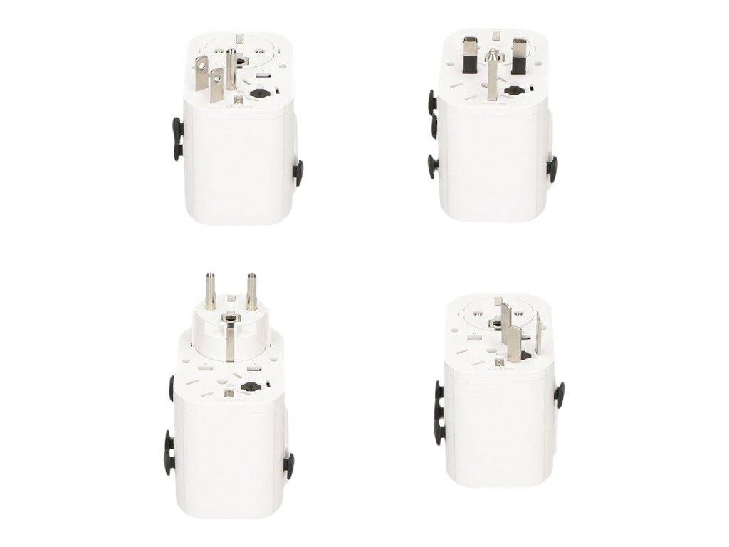 Vier Ansichten eines weißen universellen Reisestecker-Adapters mit mehreren Steckerkontakten und Seitenreglern auf einem neutralen Hintergrund.