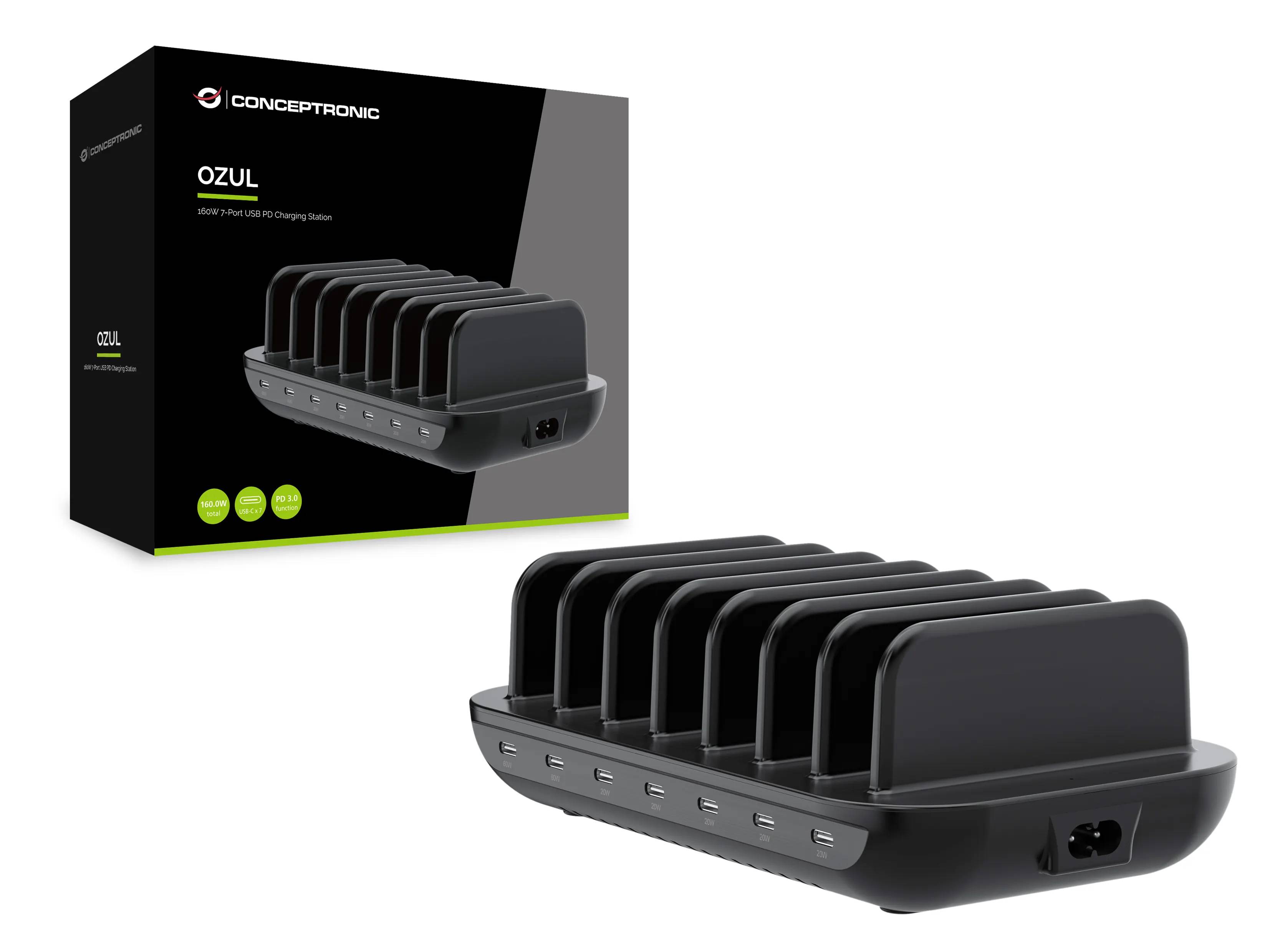 Conceptronic OZUL07B 160W 7-Port USB-PD Ladestation, USB-C x 7, PD 3.0, Drinnen, AC, 20 V, Schwarz