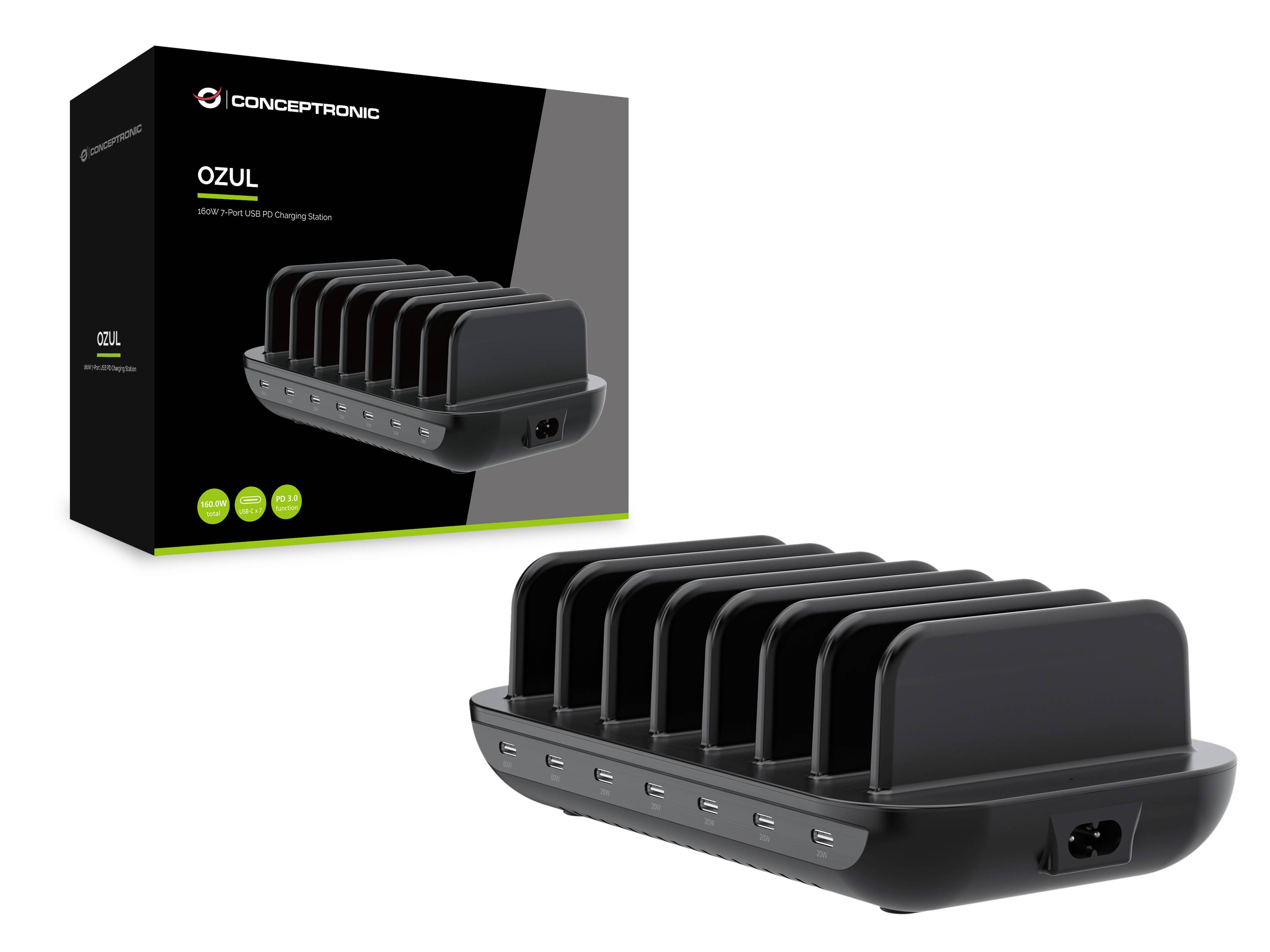Concepttronic OZUL Multi-Geräte-Ladestation mit sechs Steckplätzen, gezeigt auf der Produktverpackung und als die Ladestation selbst auf weißem Hintergrund.