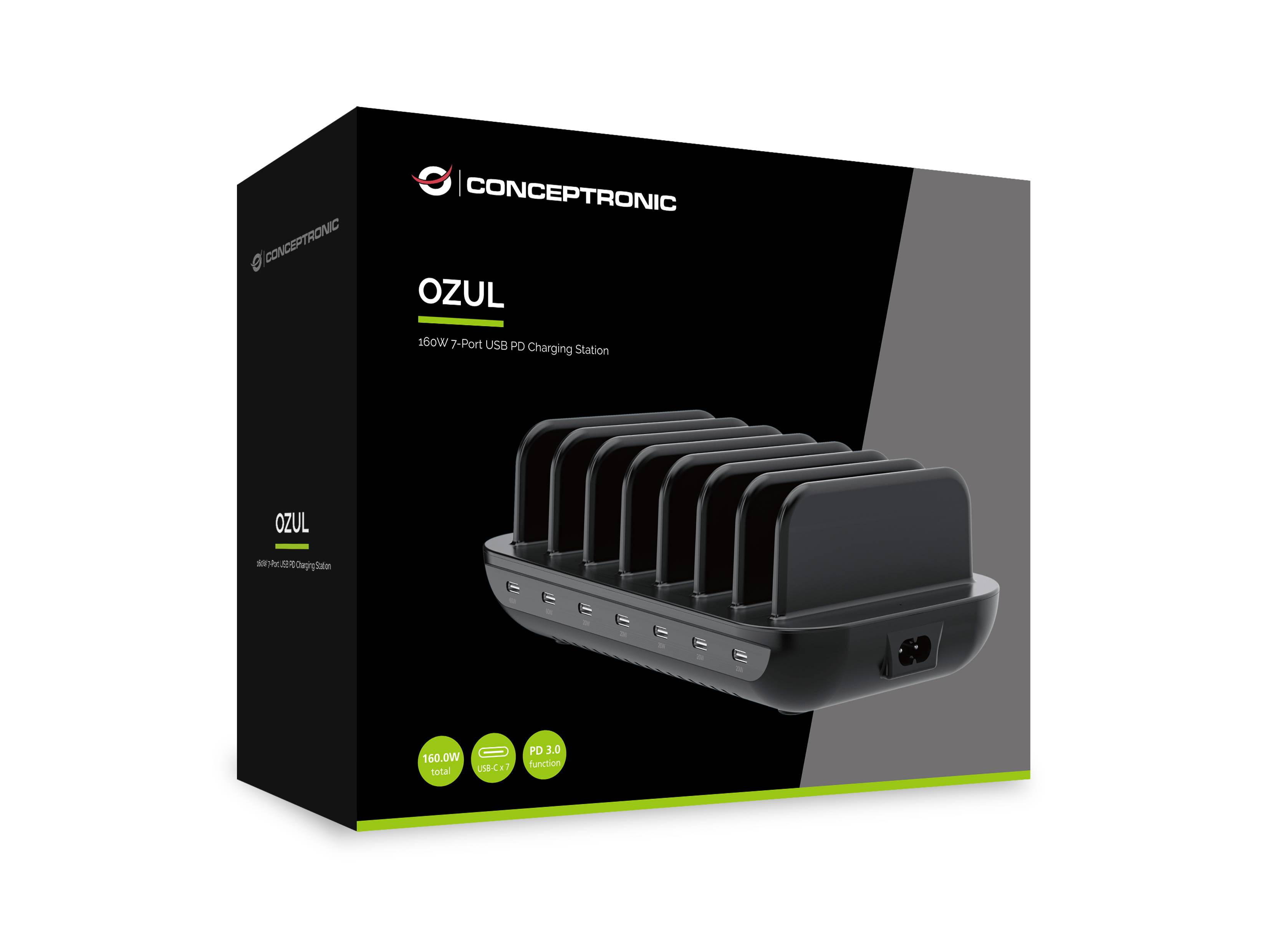 Conceptronic OZUL 10-Port USB-C Ladestation Box, die ein Multi-Geräte-Ladedock auf schwarzer Verpackung zeigt.