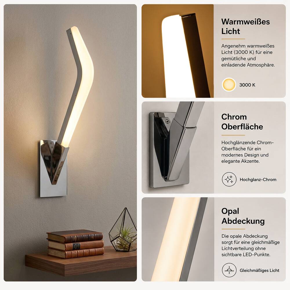 Wandmontierte moderne LED-Wandleuchte mit warmweißem Licht; Hinweise heben die 3000K-Beleuchtung, Chromoberfläche und Opalabdeckung für gleichmäßiges Licht hervor.