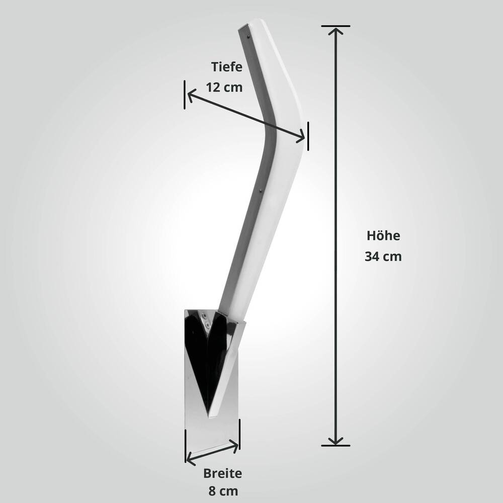 Diagramm einer Wandleuchte mit Abmessungen: Höhe 34 cm, Tiefe 12 cm und Breite 8 cm.