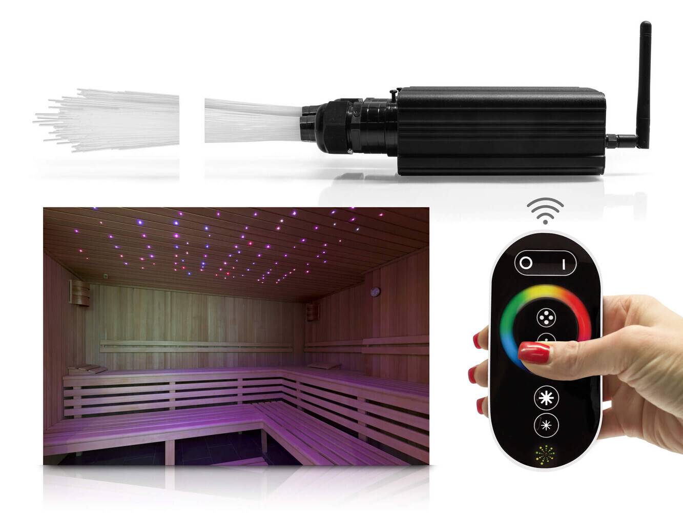 LED Universum LWL-RGBW-Sternenhimmelset mit Funkfernbedienung und Netzteil mit 500 Lichtpunkten (zwei Lichtleiterbündel a 250 Lichtpunkte), 32W