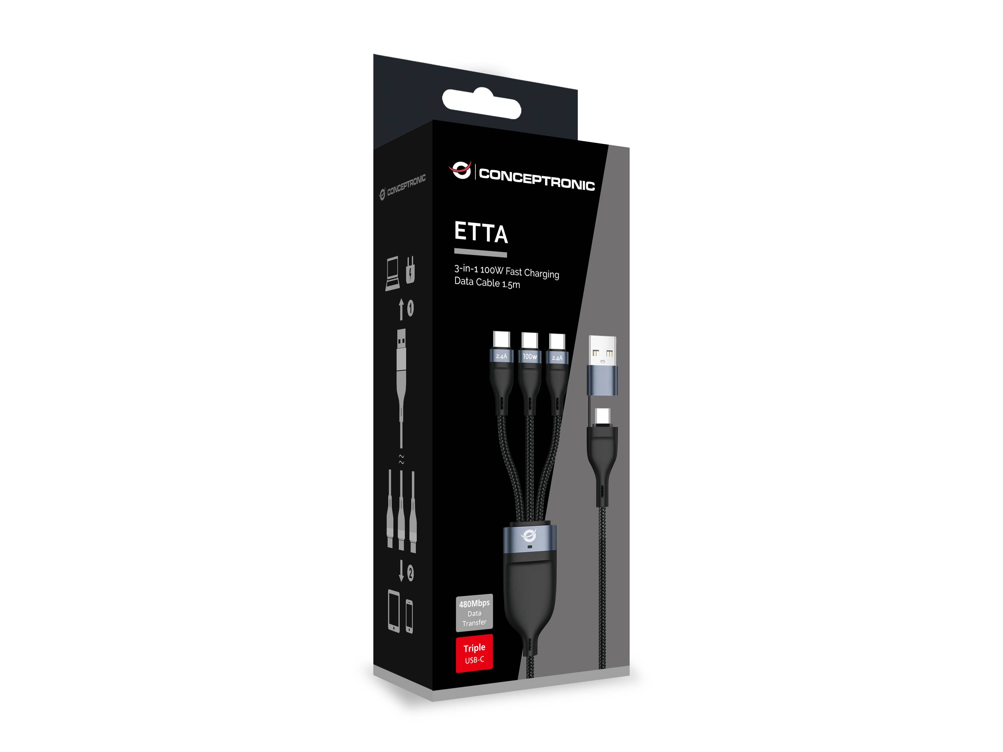 Conceptronic ETTA 3-in-1 Schnelllade-Datenkabel-Paket in Schwarz, zeigt drei Stecker-Aufsätze und USB-Stecker zum Aufladen mehrerer Geräte.