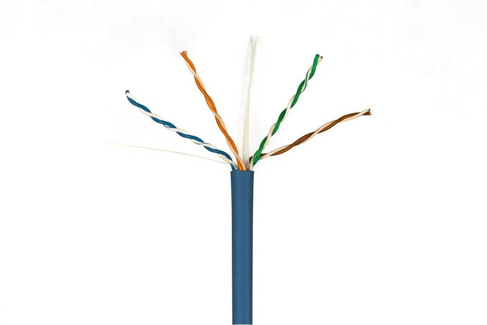 Ein Bild eines Ethernet-Kabels mit vier Paaren verdrillter Drähte, die freigelegt sind und die innere Struktur des Kabels veranschaulichen.