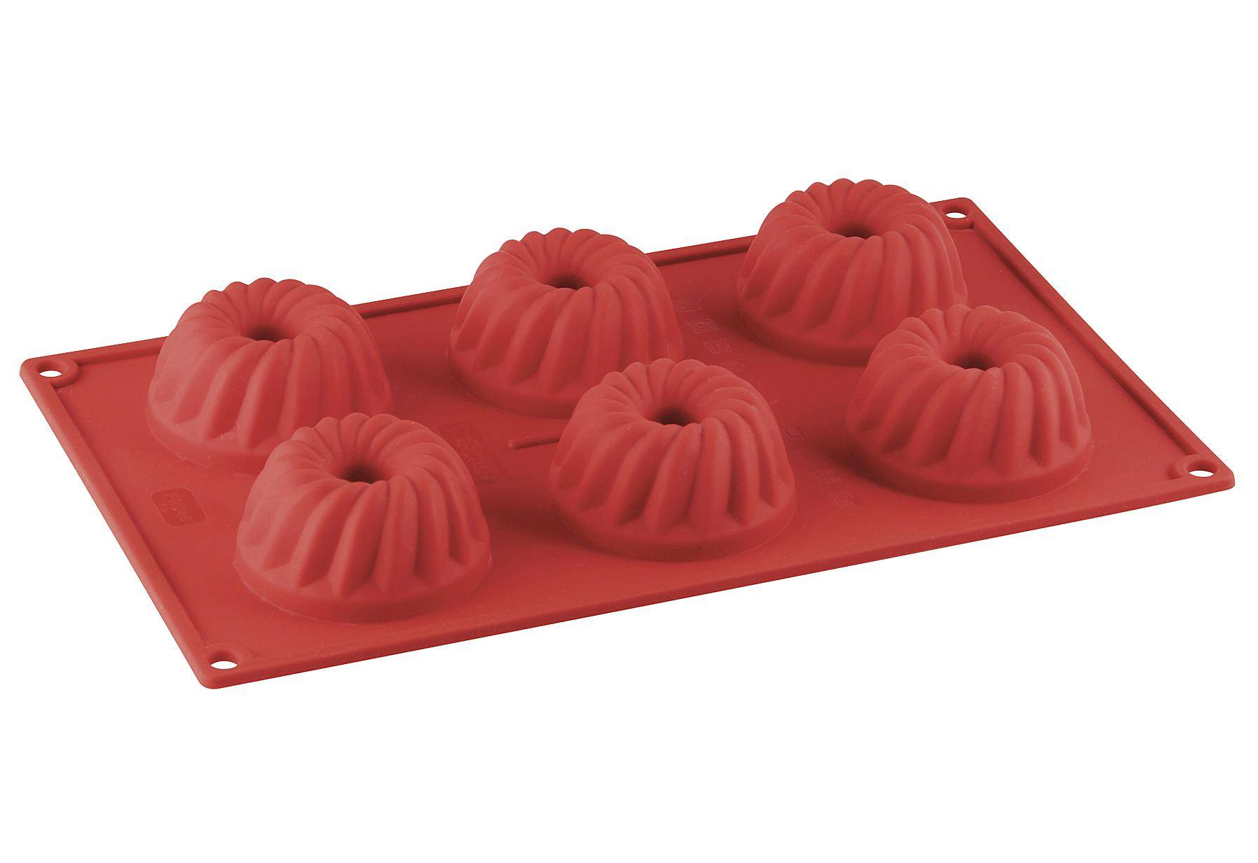 Eine rote Silikonbackform mit sechs Gugelhupf-Mulden, die in zwei Reihen zu je drei angeordnet sind und zum Backen von kleinen Gugelhupfen bestimmt ist.