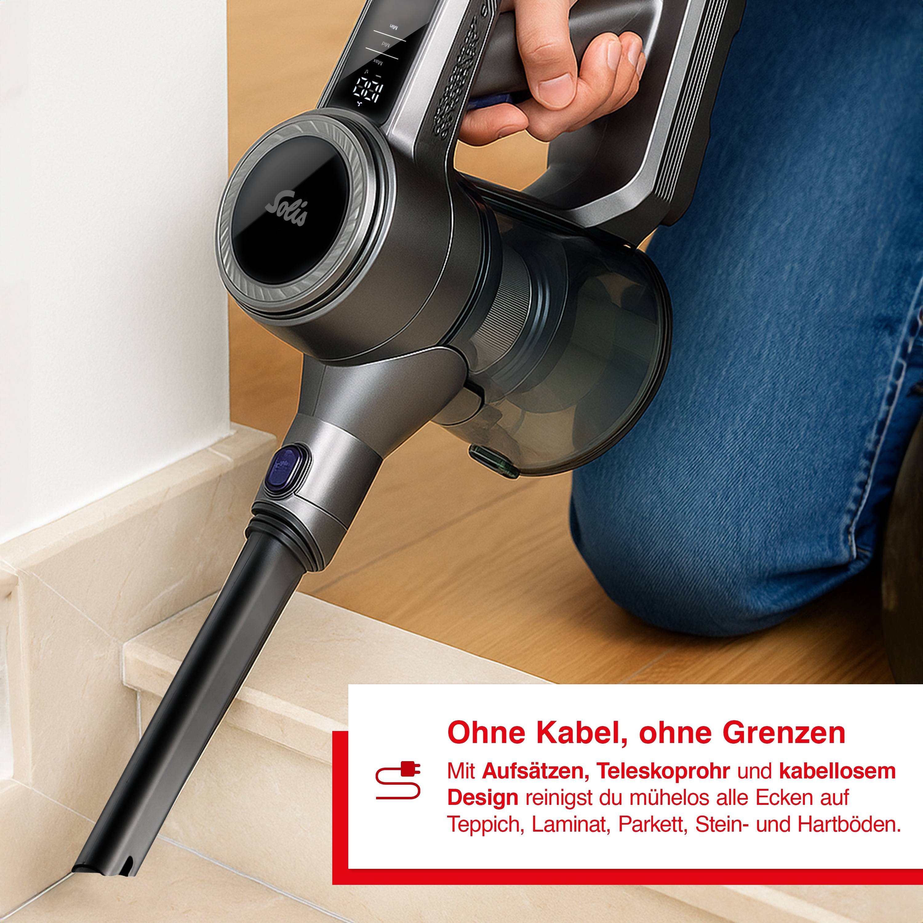 Solis Akku Staubsauger, LED Bodenbürste, verstellbar, 350 W, 1000 ml