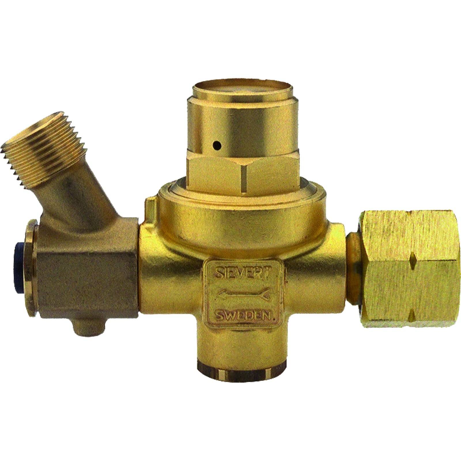 SEVERT SWEDEN' gravierte Messingventil mit drei Anschlüssen: einem Seitenauslass, einem zylindrischen Stück an der Oberseite und einem sechseckigen Verbinder.