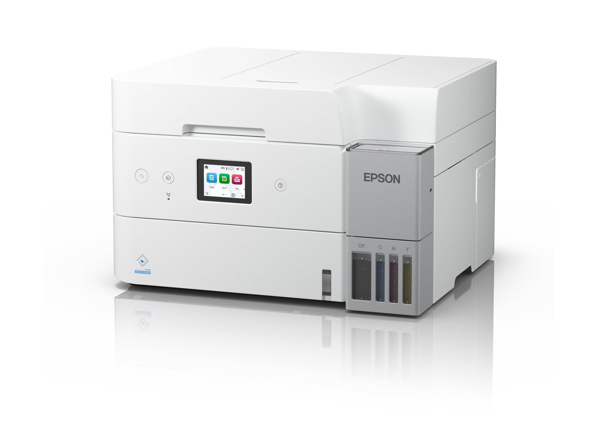 Ein weißer Epson-Drucker mit einem Touchscreen-Display auf dem Frontpanel und sichtbaren Tintenfüllständen an der Seite, vor einem weißen Hintergrund.