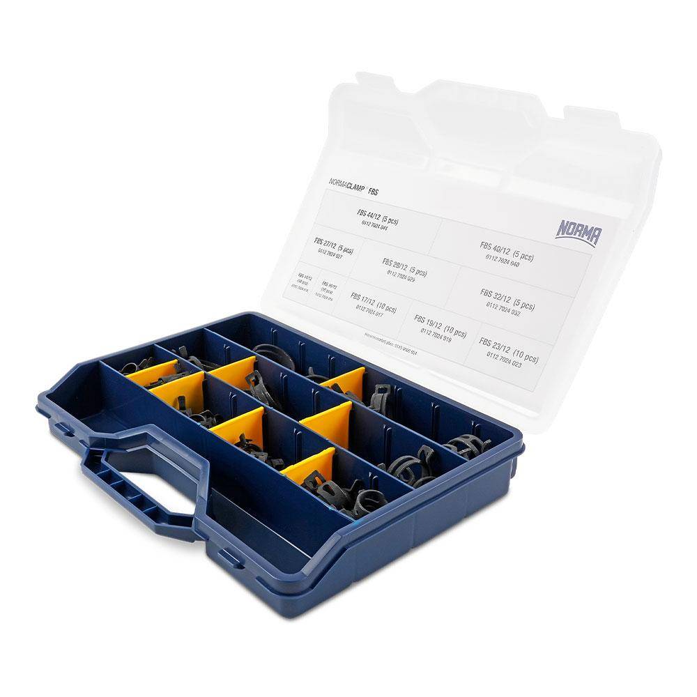 NORMACLAMP® FBS Sortiment Federbandschlauchschellen - Bandbreite 12 mm - Ø 14 bis 44 mm - Inhalt 75 Stück