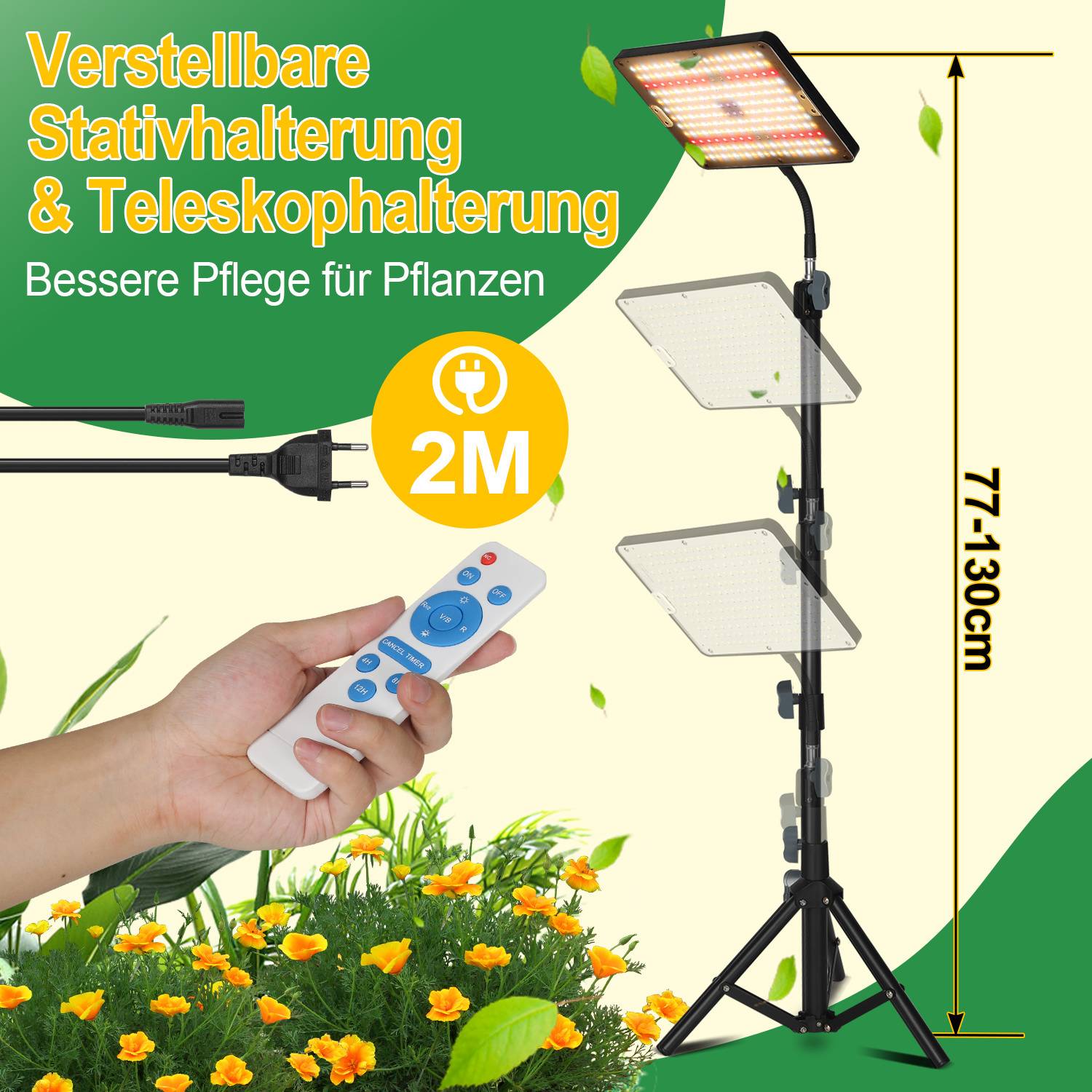LED Pflanzenlampe mit Ständer, 25 Watt Vollspektrum Grow Lampe, 77-130cm Höhenverstellbare Pflanzenlicht mit Stativ für Zimmerpflanzen