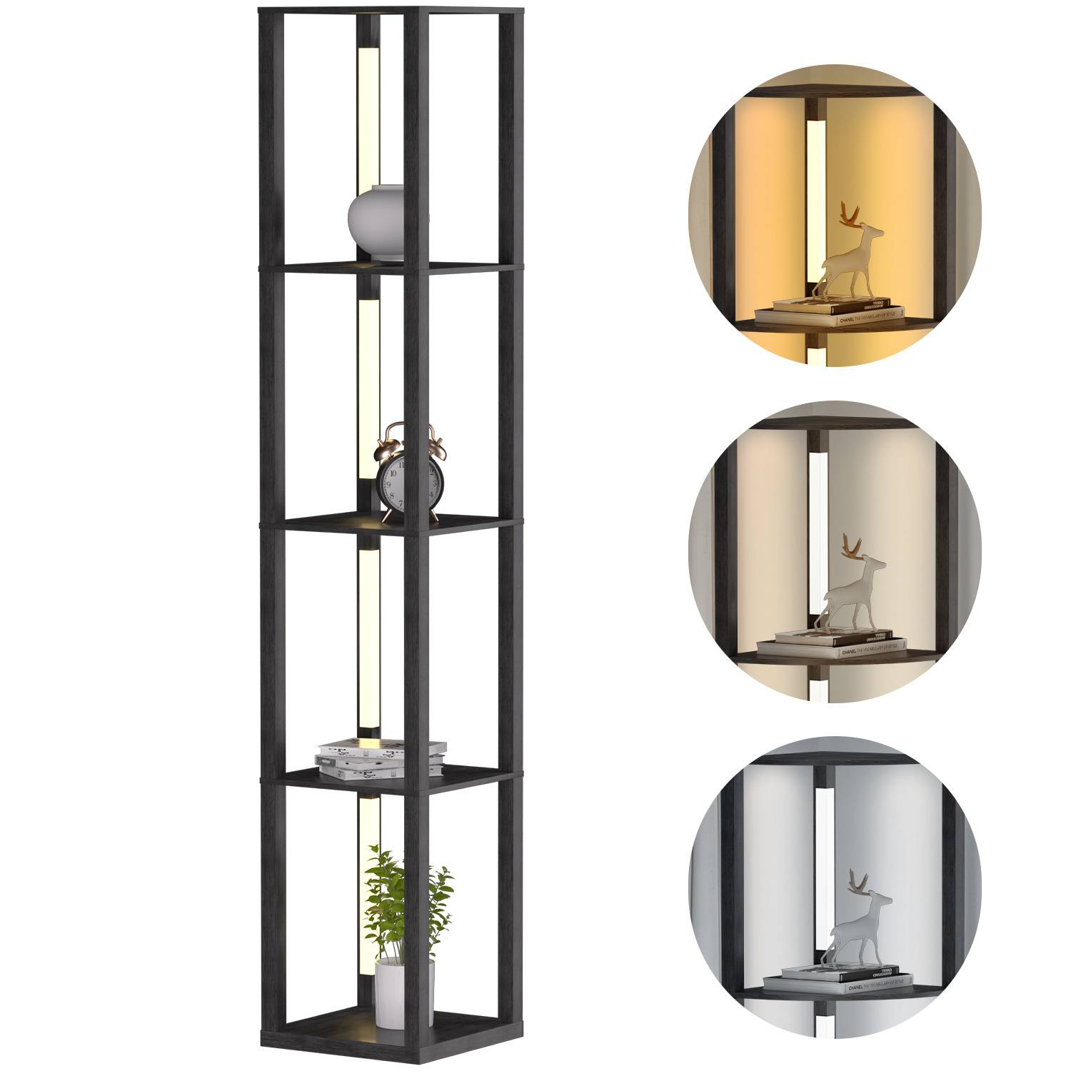 4 Ebene Stehlampe Stehleuchte Standleuchte standlampe Bodenlampe, Innenbeleuchtung für Schlafzimmer Wohnzimmer Holz Regal Schwarz 163cm,Eckregal