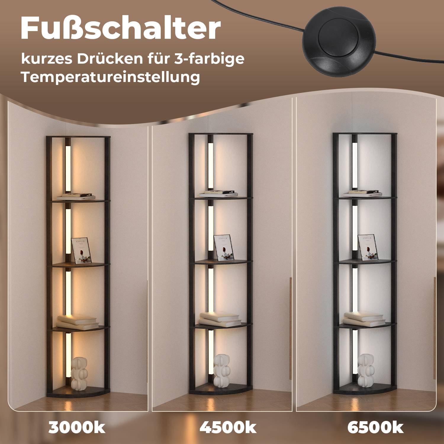 Das Bild zeigt einen Schalter für drei Farbtemperatur-Einstellungen, die 3000K, 4500K und 6500K Beleuchtung in derselben Regaleinheit vergleichen.