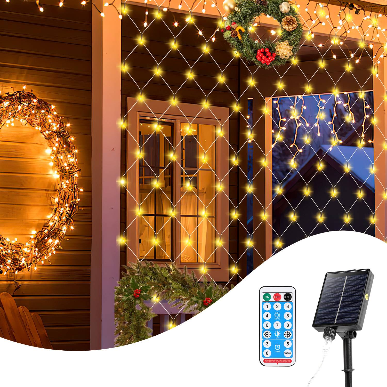 LED Solar Lichternetz 2x2M Warmweiß Lichterkette Weihnachtsbeleuchtung Lichtervorhang Innen Außen Deko 8 Modi IP44
