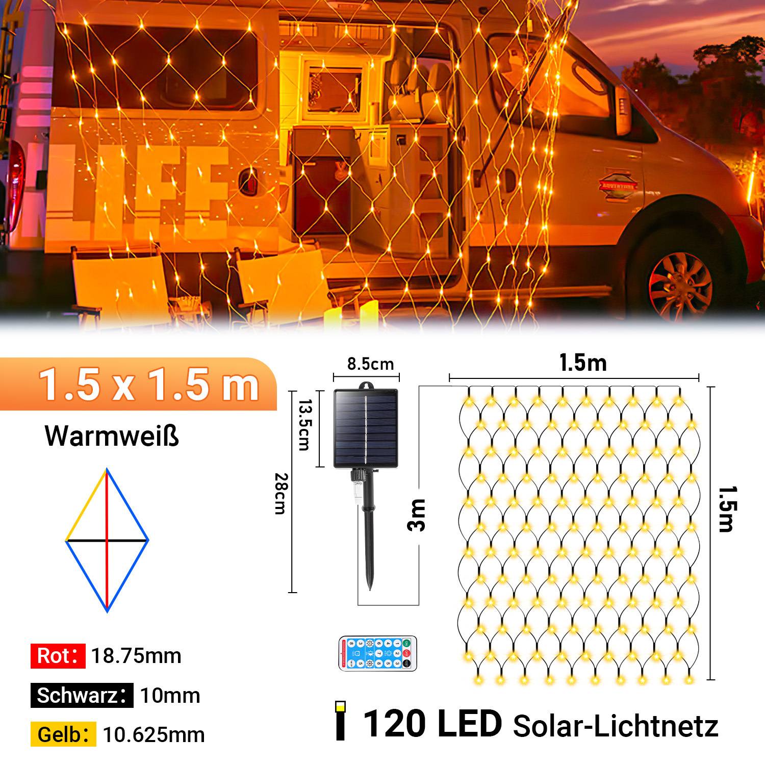 Solar Lichternetz 1.5x1.5M Warmweiß Lichterkette Weihnachtsbeleuchtung Lichtervorhang mit 8 Leuchtmodi Speicherfunktion Partydeko