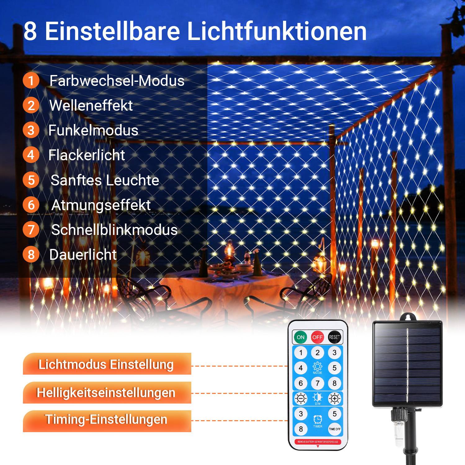 Solar Lichternetz 2x2M Warmweiß Lichterkette Weihnachtsbeleuchtung Lichtervorhang mit 8 Leuchtmodi Speicherfunktion Partydeko