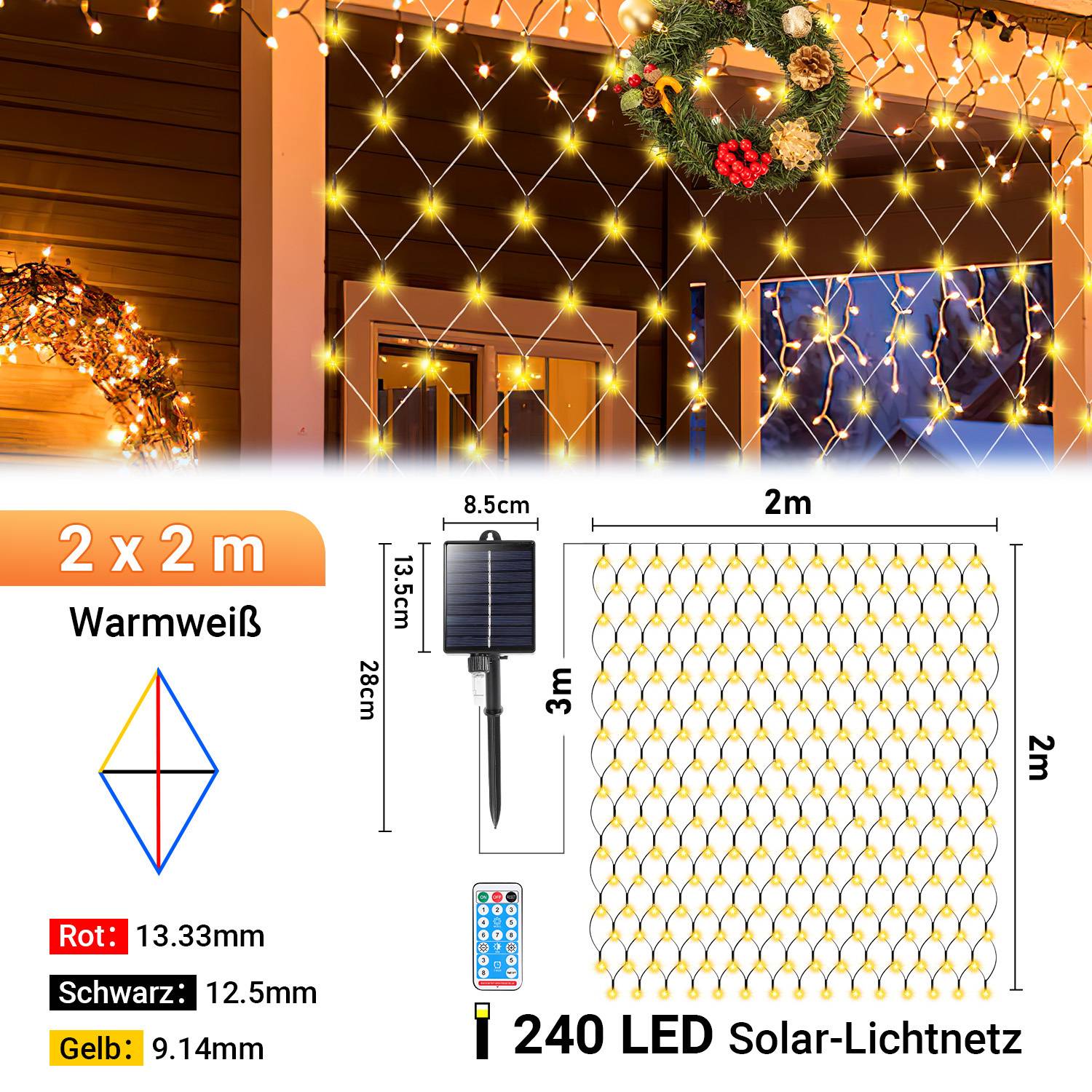 Solar Lichternetz 2x2M Warmweiß Lichterkette Weihnachtsbeleuchtung Lichtervorhang mit 8 Leuchtmodi Speicherfunktion Partydeko