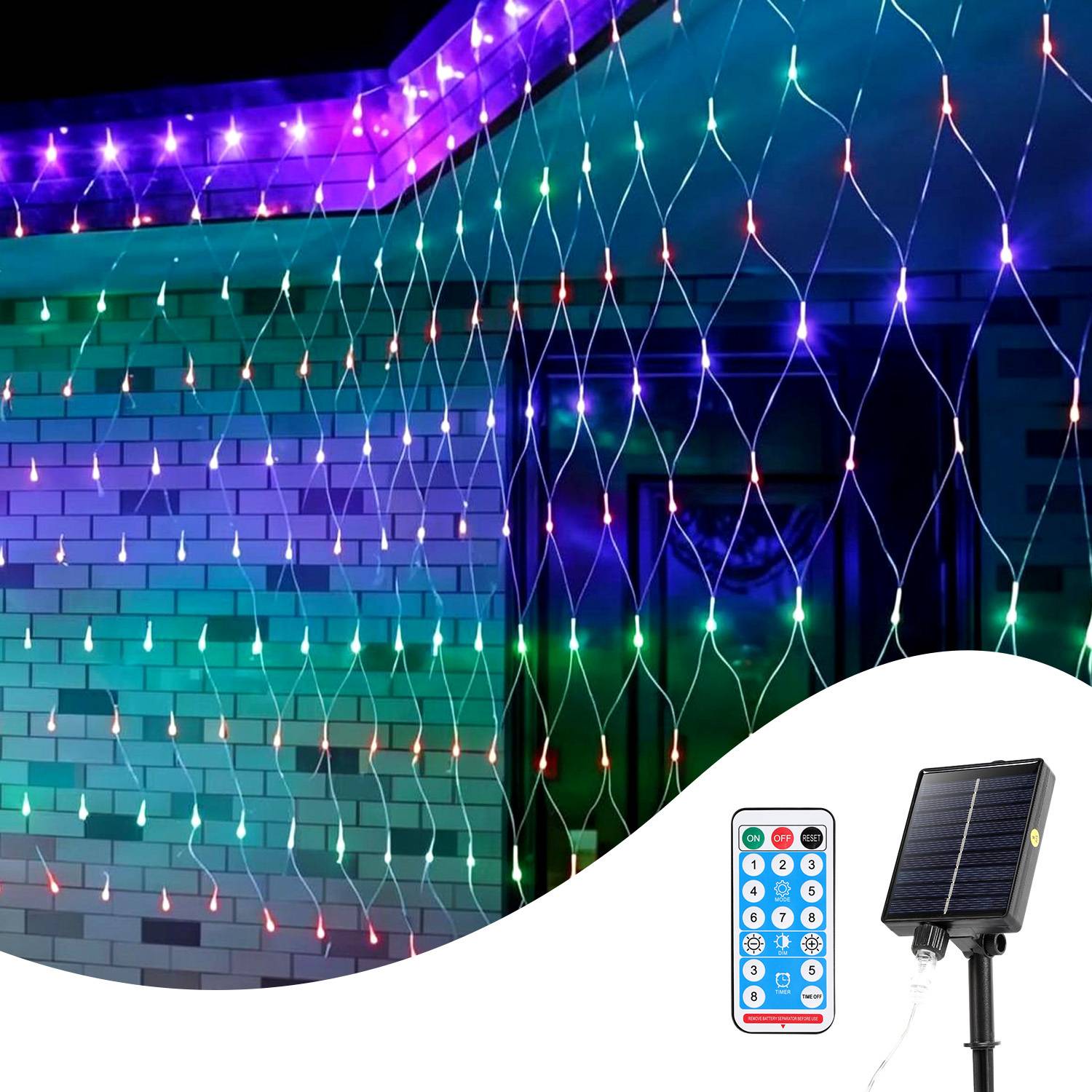LED Solar Lichternetz 2x2M Bunt Lichterkette Weihnachtsbeleuchtung Lichtervorhang Innen Außen Deko 8 Modi IP44