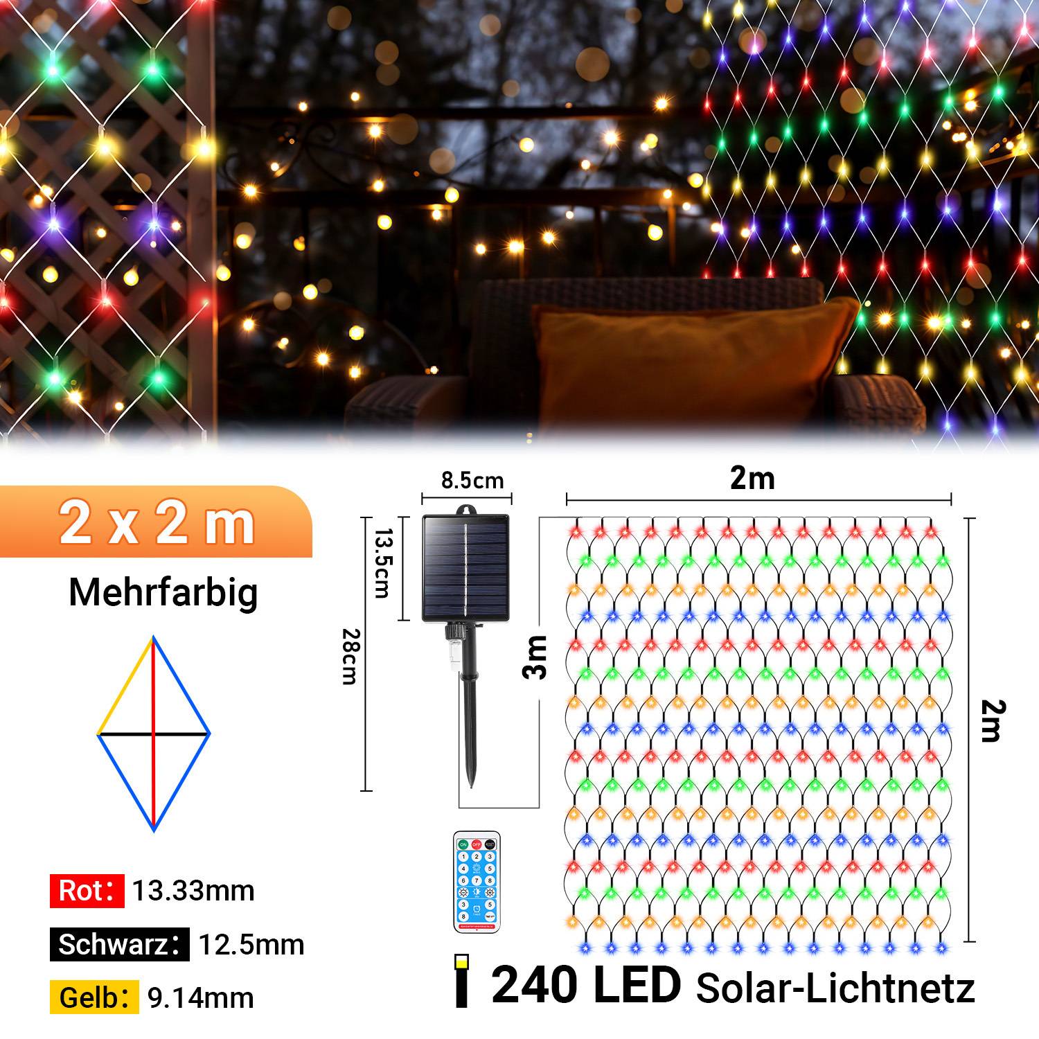 2x2M LED Solar Lichternetz Bunt 240 LEDs 8 Lichtmodi Lichterkette Wasserdicht für Außen Party Garten Deko IP44