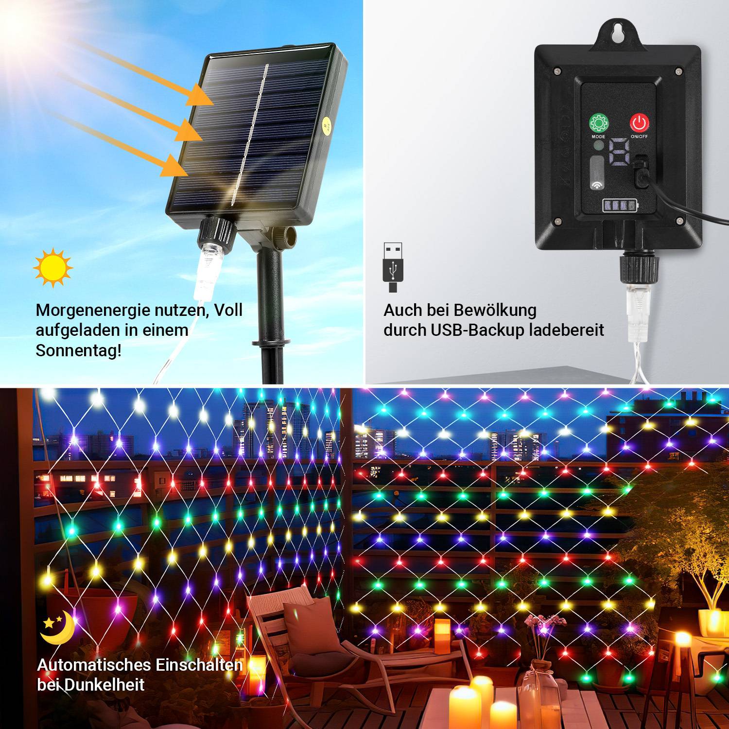 Solar Lichternetz 3x2M Bunt Lichterkette Weihnachtsbeleuchtung Lichtervorhang mit 8 Leuchtmodi Speicherfunktion Partydeko