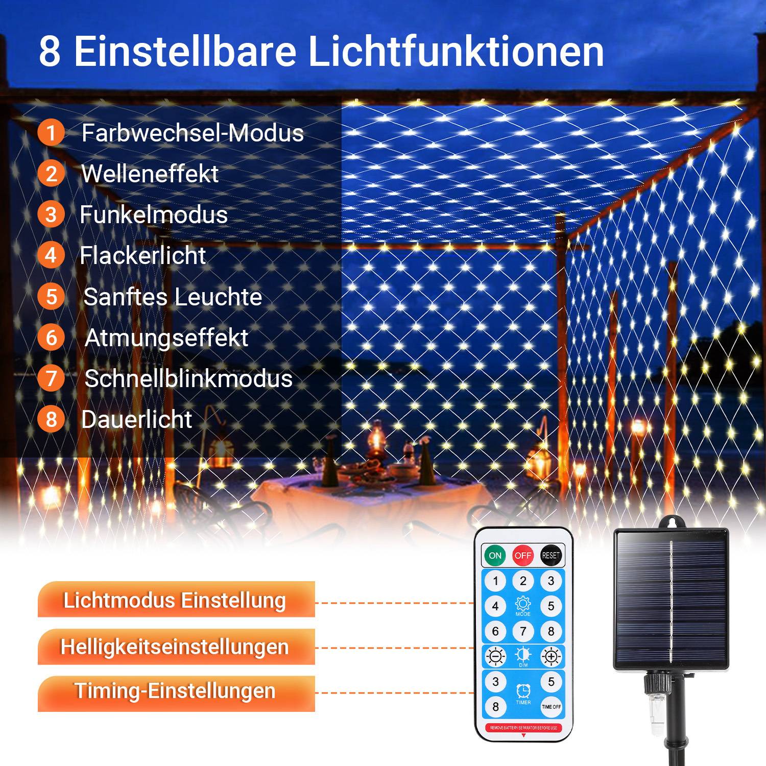 Solar Lichternetz 2x2M Bunt Lichterkette Weihnachtsbeleuchtung Lichtervorhang mit 8 Leuchtmodi Speicherfunktion Partydeko
