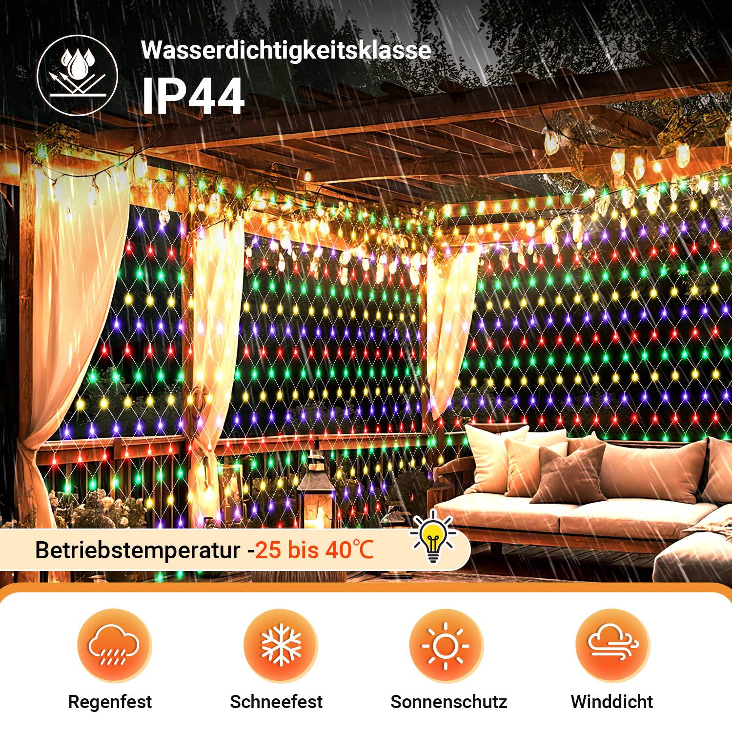 LED Solar Lichternetz 2x2M Bunt Lichterkette Weihnachtsbeleuchtung Lichtervorhang Innen Außen Deko 8 Modi IP44