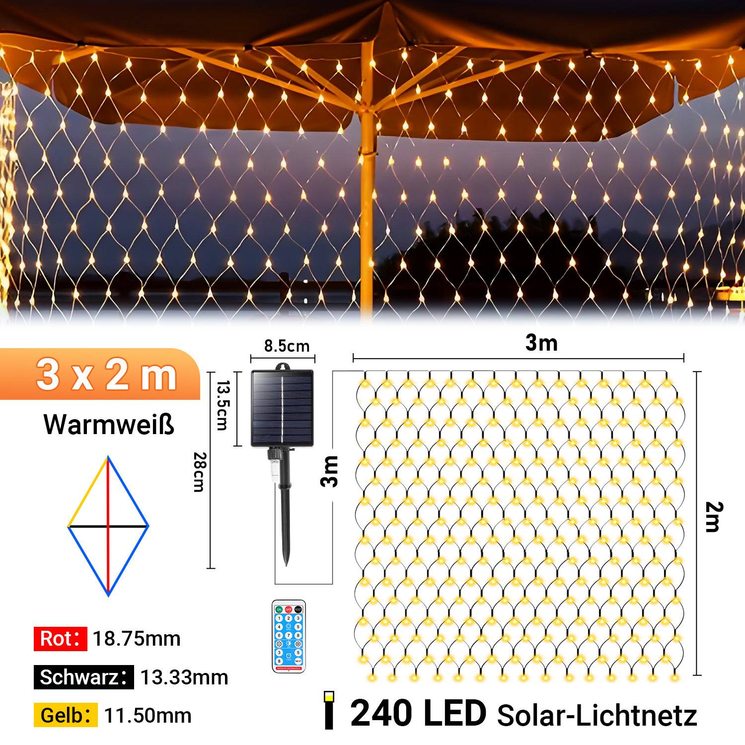 Solar Lichternetz 3x2M Warmweiß Lichterkette Weihnachtsbeleuchtung Lichtervorhang mit 8 Leuchtmodi Speicherfunktion Partydeko