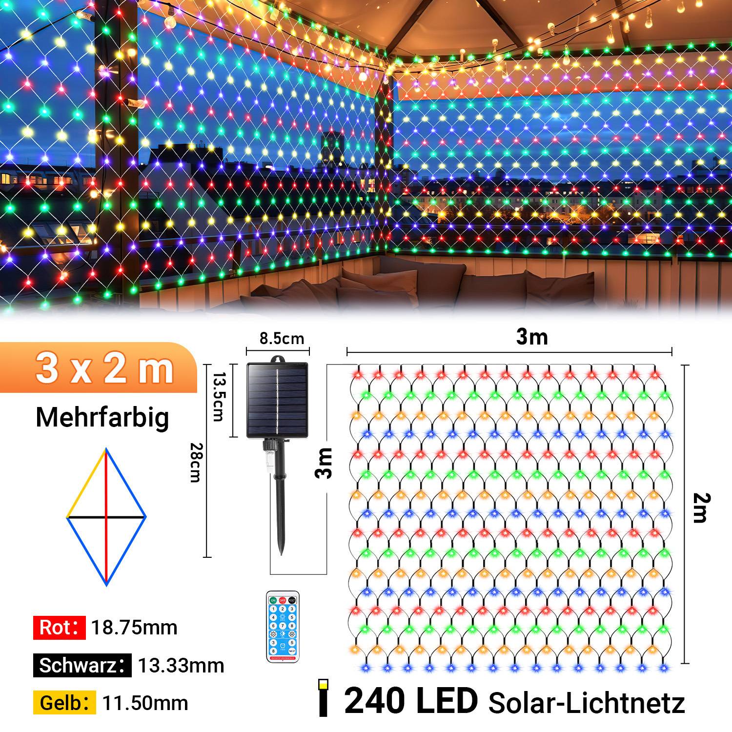 Solar Lichternetz 3x2M Bunt Lichterkette Weihnachtsbeleuchtung Lichtervorhang mit 8 Leuchtmodi Speicherfunktion Partydeko