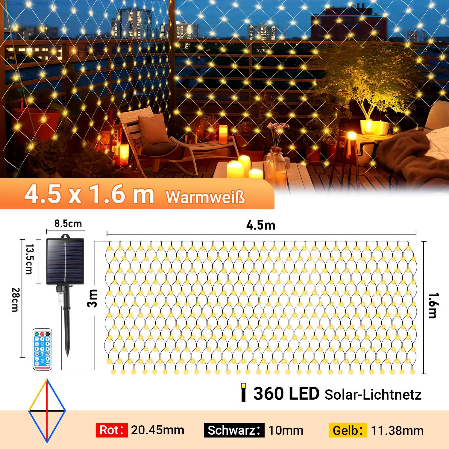 Produktbild eines warmweißen 4,5 x 1,6 m Solar-LED-Lichternetz für die Außendekoration mit Abmessungen, Steuergerät und 360 LEDs.