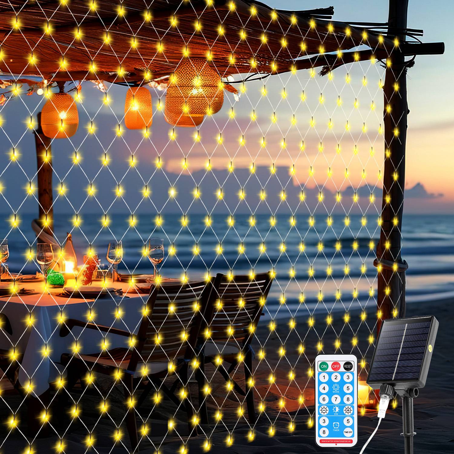 Solar Lichternetz 2x2M Warmweiß Lichterkette Weihnachtsbeleuchtung Lichtervorhang mit 8 Leuchtmodi Speicherfunktion Partydeko