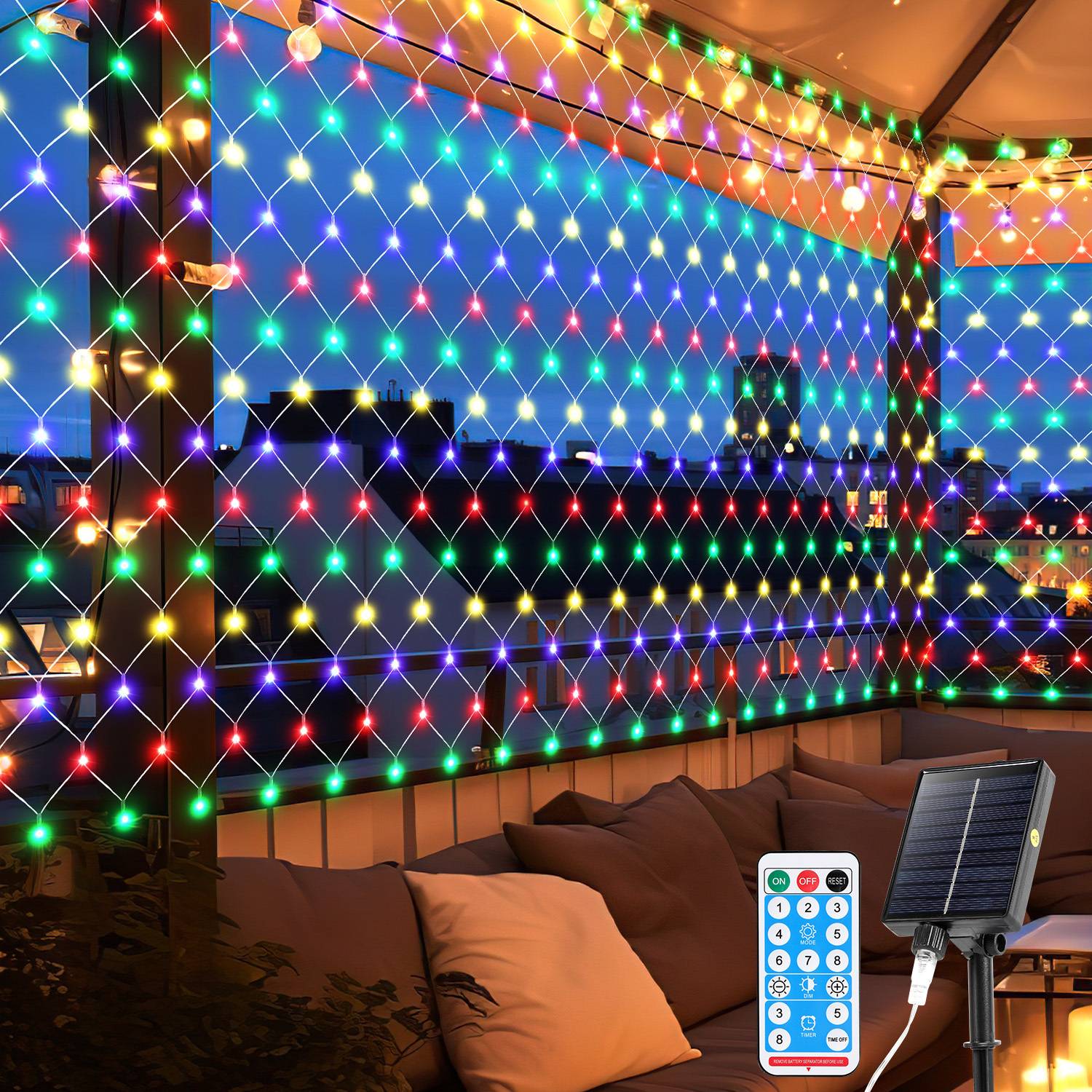 Solar Lichternetz 2x2M Bunt Lichterkette Weihnachtsbeleuchtung Lichtervorhang mit 8 Leuchtmodi Speicherfunktion Partydeko