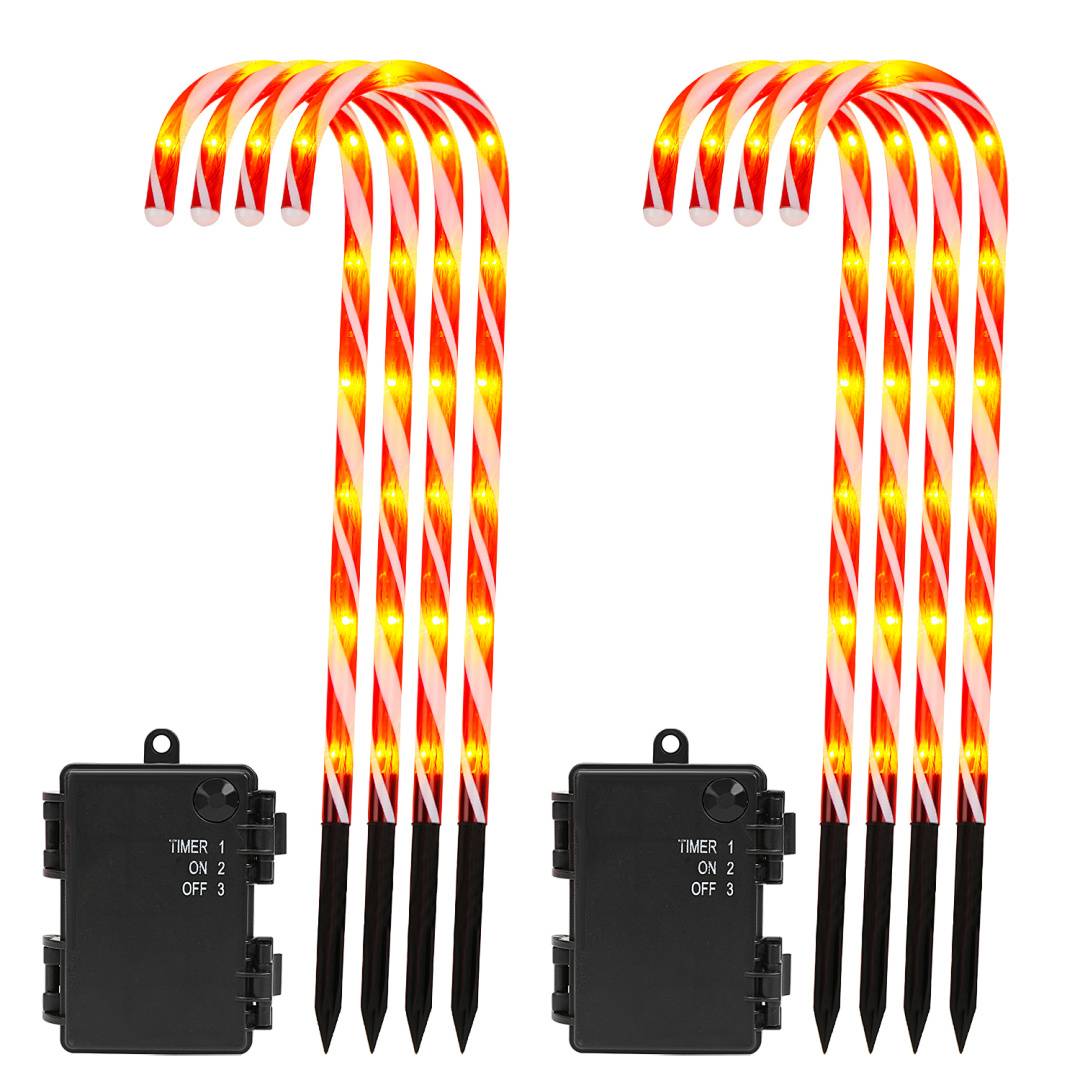 Zwei beleuchtete rot-weiße Zuckerstangen-Lichtstäbe, jeweils mit einer schwarzen Timer-/Kontrollbox, auf weißem Hintergrund dargestellt.
