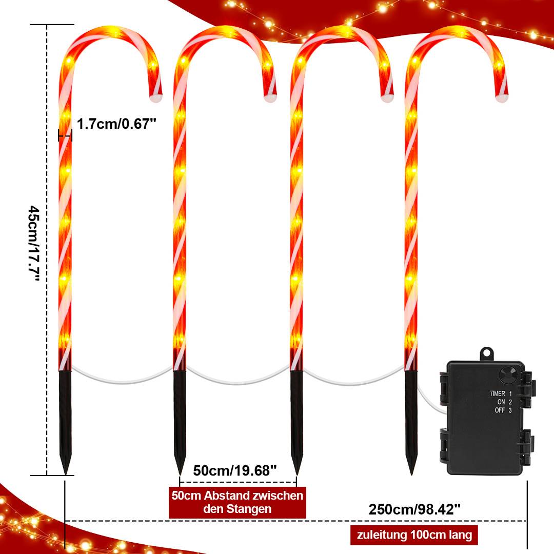Satz aus vier leuchtenden Zuckerstangen-Einsatzleuchten mit Abmessungen und einer Timer-Steuerbox, zeigt 45 cm Höhe, 50 cm Abstand und 100 cm Zuleitung.