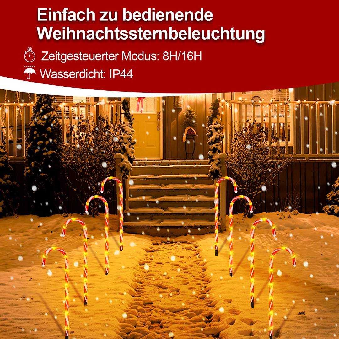 Schneebedeckter Hauseingang dekoriert mit leuchtenden Zuckerstangen-Wegeleuchten; Text sagt „Einfach zu bedienende Weihnachtssternbeleuchtung", Timer 8H/16H, wasserdicht IP44.