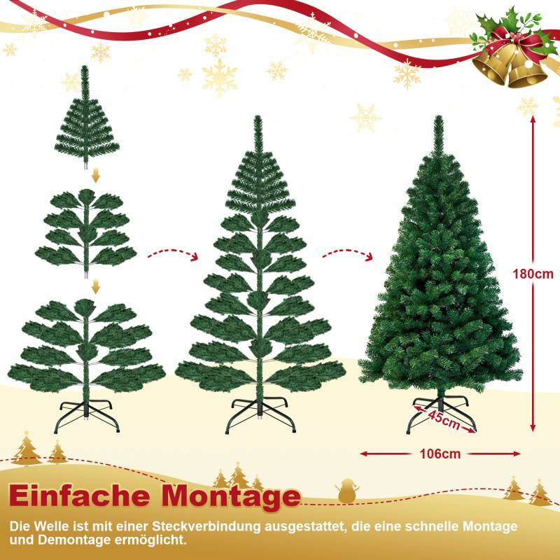 180cm Künstlicher Weihnachtsbaum, Tannenbaum mit Metallständer, Christbaum 770 Spitzen PVC Nadeln, Kunstbaum Weihnachten Klappsystem grün