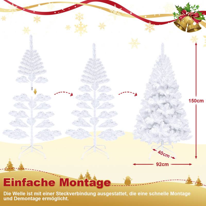 150cm Künstlicher Weihnachtsbaum, Tannenbaum mit Metallständer, Christbaum 488 Spitzen PVC Nadeln, Kunstbaum Weihnachten Klappsystem weiß