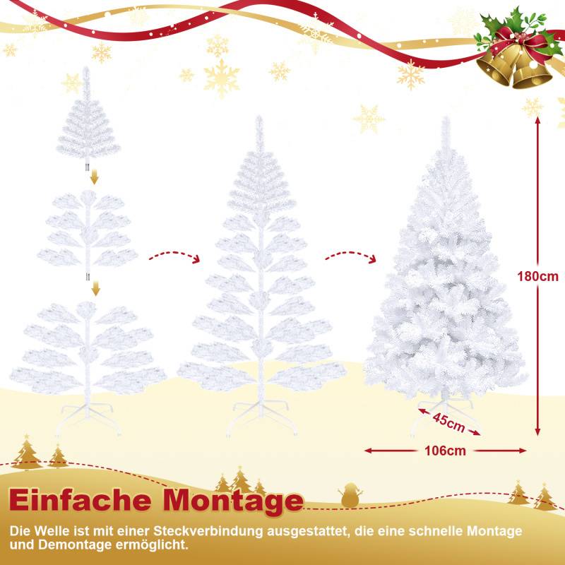 180cm Künstlicher Weihnachtsbaum, Tannenbaum mit Metallständer, Christbaum 770 Spitzen PVC Nadeln, Kunstbaum Weihnachten Klappsystem weiß