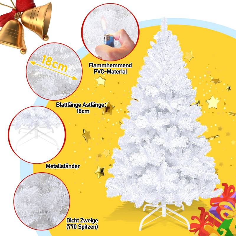 180cm Künstlicher Weihnachtsbaum Tannenbaum mit 770 Spitzen PVC Nadeln Metallständer & Klappsystem Christbaum weiß