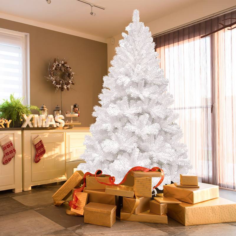 210cm Künstlicher Weihnachtsbaum, Tannenbaum mit Metallständer, Christbaum 900 Spitzen PVC Nadeln, Kunstbaum Weihnachten Klappsystem weiß