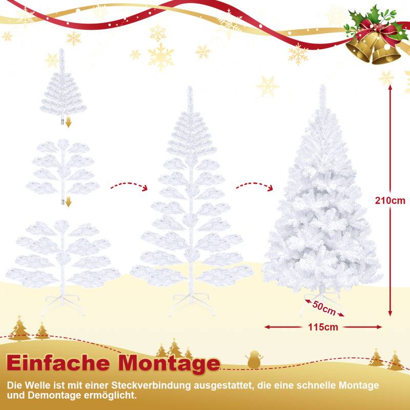 210cm Künstlicher Weihnachtsbaum, Tannenbaum mit Metallständer, Christbaum 900 Spitzen PVC Nadeln, Kunstbaum Weihnachten Klappsystem weiß