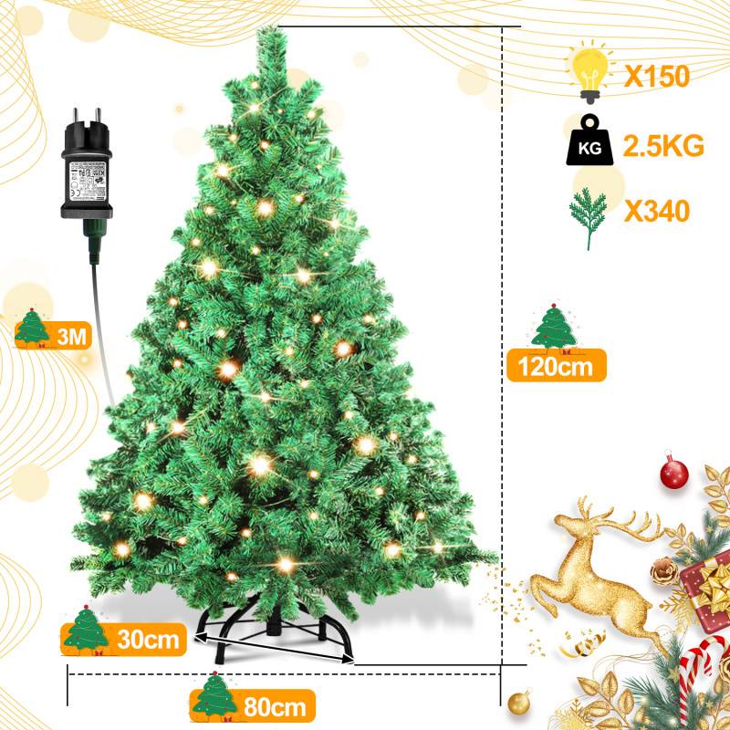 Künstlicher Weihnachtsbaum 120cm mit Lichterkette 150 LED warm-weiß inkl. Metallständer 340 Spitzen Weihnachten Christbaum Tannenbaum PVC Grün