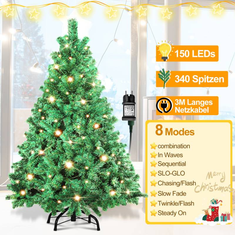 Künstlicher Weihnachtsbaum 120cm mit Lichterkette 150 LED warm-weiß inkl. Metallständer 340 Spitzen Weihnachten Christbaum Tannenbaum PVC Grün