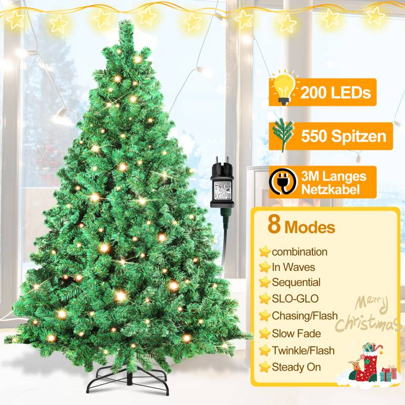 Künstlicher Weihnachtsbaum 150cm mit Lichterkette 200 LED warm-weiß inkl. Metallständer 550 Spitzen Weihnachten Christbaum Tannenbaum PVC Grün