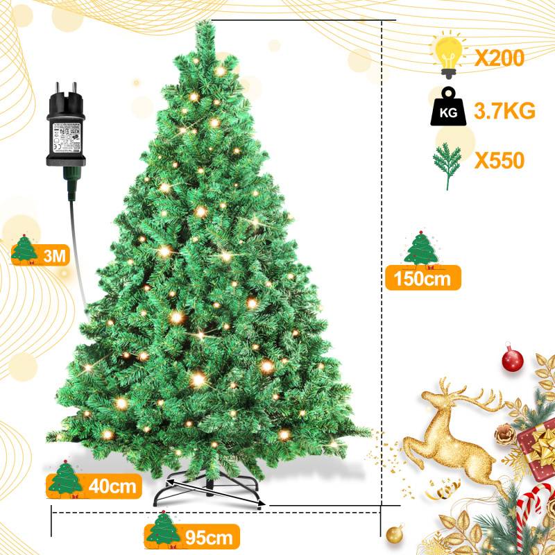 Künstlicher Weihnachtsbaum 150cm mit Lichterkette 200 LED warm-weiß inkl. Metallständer 550 Spitzen Weihnachten Christbaum Tannenbaum PVC Grün