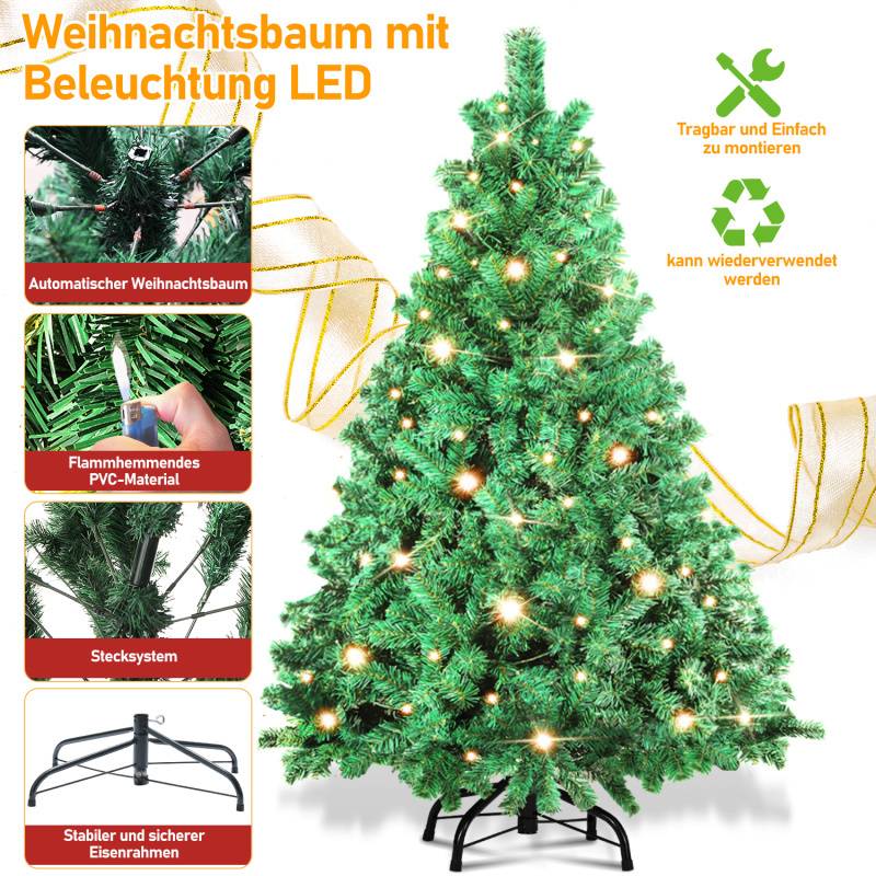 Künstlicher Weihnachtsbaum 150cm mit Lichterkette 200 LED warm-weiß inkl. Metallständer 550 Spitzen Weihnachten Christbaum Tannenbaum PVC Grün