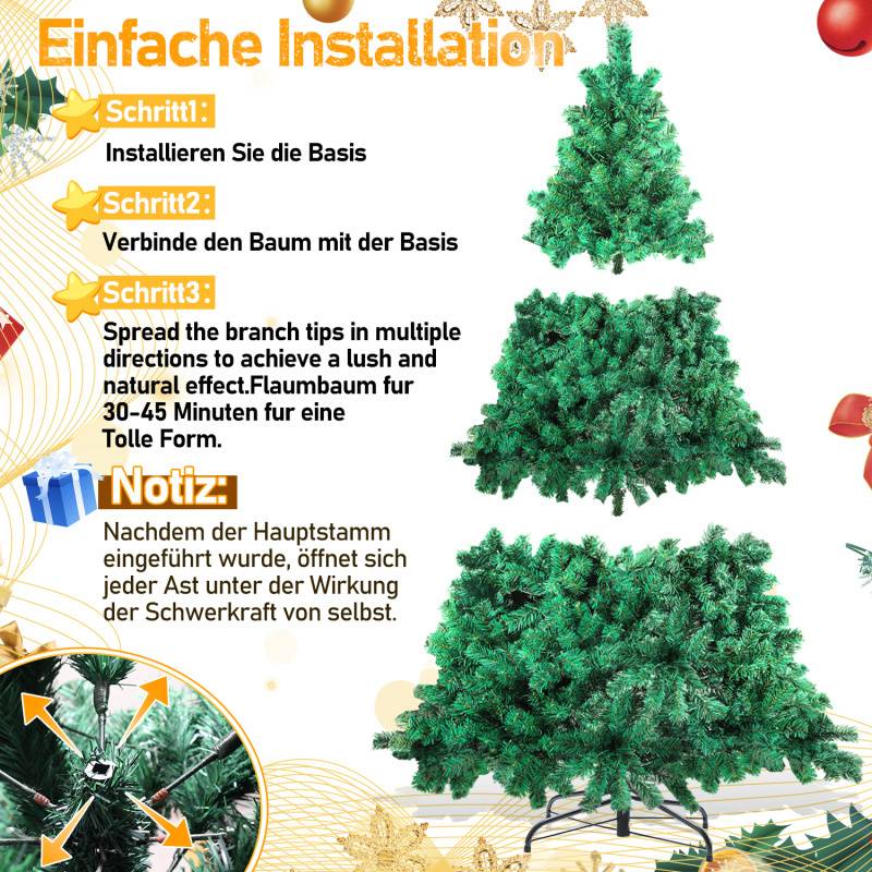 Künstlicher Weihnachtsbaum 180cm mit Lichterkette 250 LED warm-weiß inkl. Metallständer 860 Spitzen Weihnachten Christbaum Tannenbaum PVC Grün