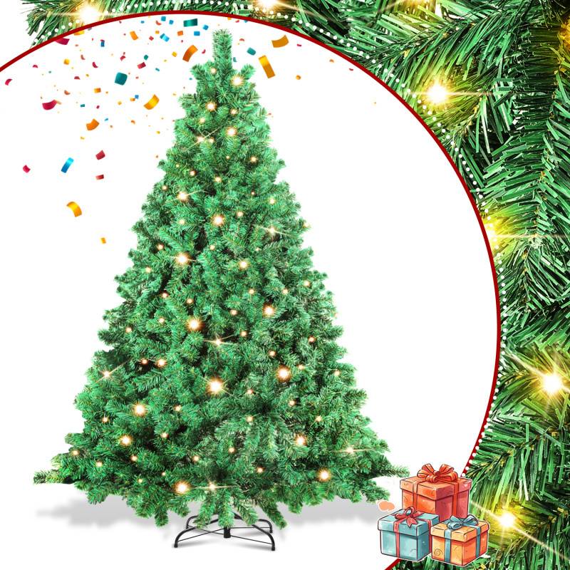 Künstlicher Weihnachtsbaum 210cm mit Lichterkette 400 LED warm-weiß inkl. Metallständer 1200 Spitzen Weihnachten Christbaum Tannenbaum PVC Grün